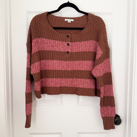Sweaters - Women American Eagle  Long Sleeve Cropped Henley Sweater Brown Pink Size Medium
